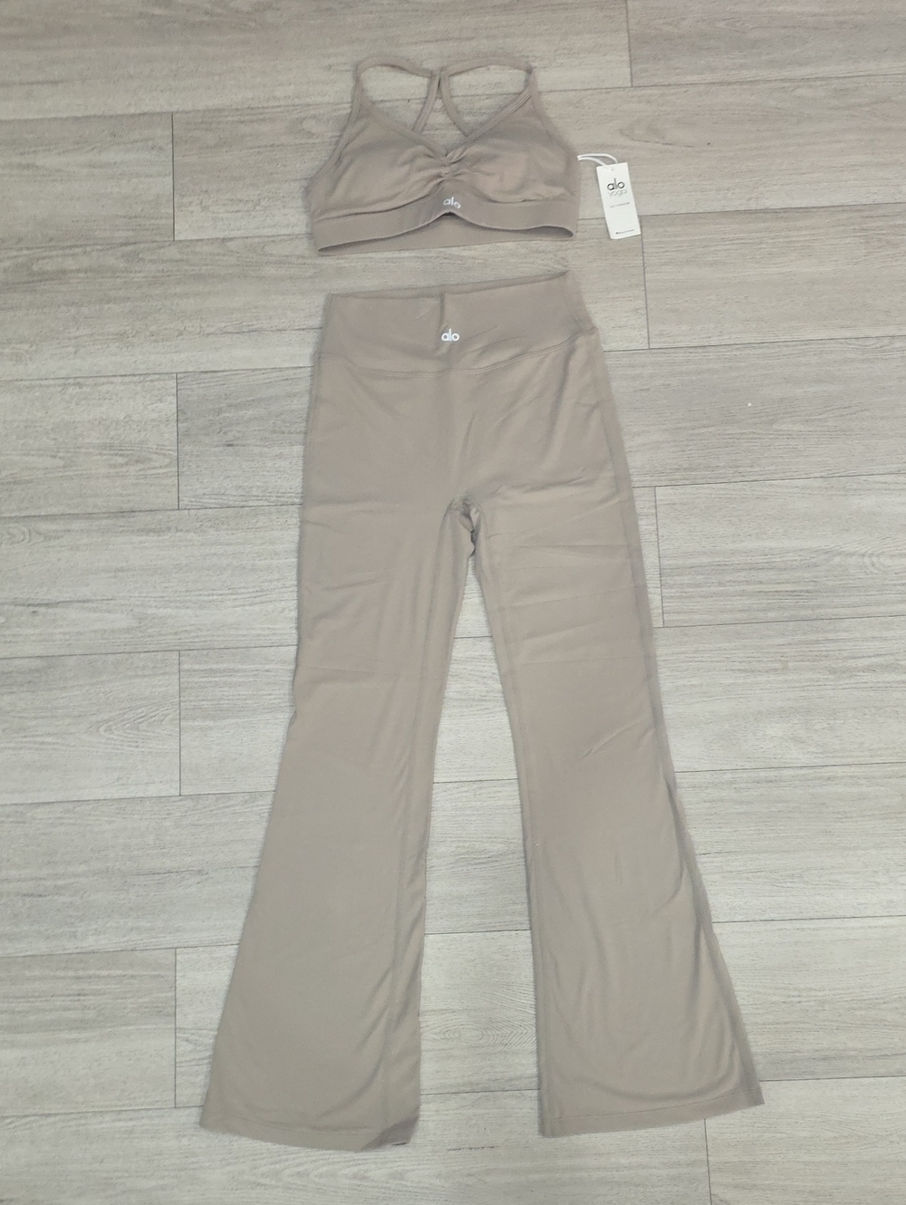 ALO Yoga Neutral Taupe Flare Leggings with Matching Strappy Bra